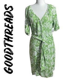 GOODTHREADS Fluid Twill Wrap Midi Dress, NWT, Green & White, lightweight, Size M